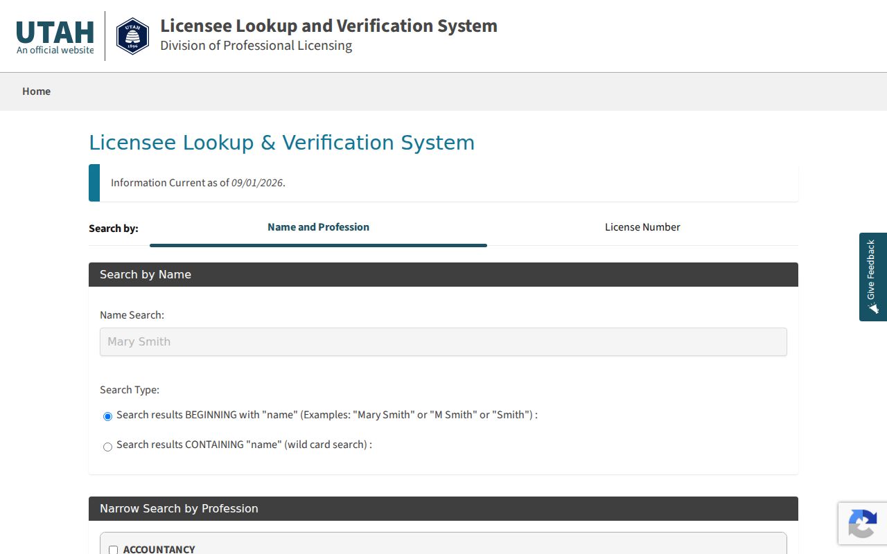 Utah DOPL licensee lookup search controls