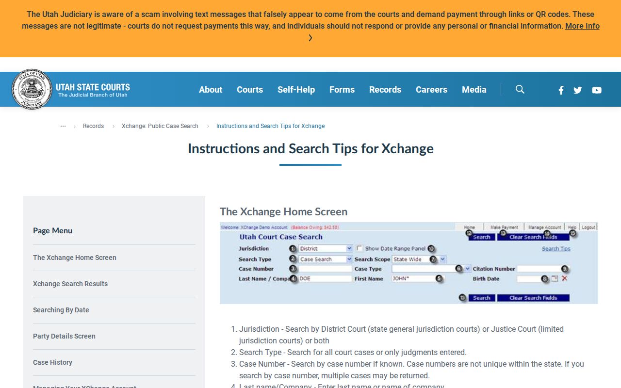 Utah Courts Xchange help page with search and result fields